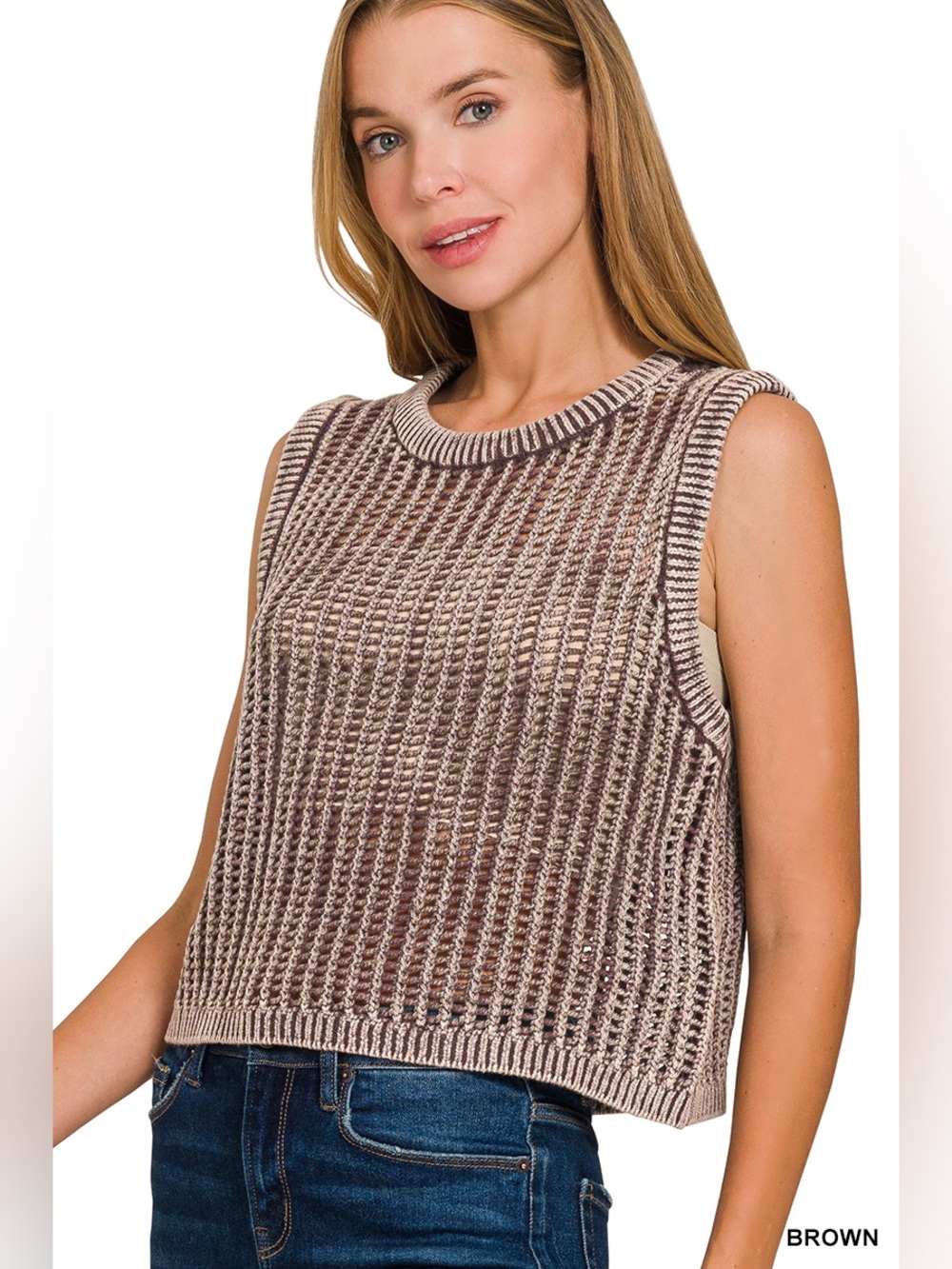 Zenana Brown Acid Washed Fishnet Sweater Vest
